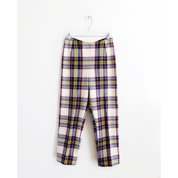Vintage Pants - Vintage 60s Cream Blue Yellow Red Plaid Pants sz M